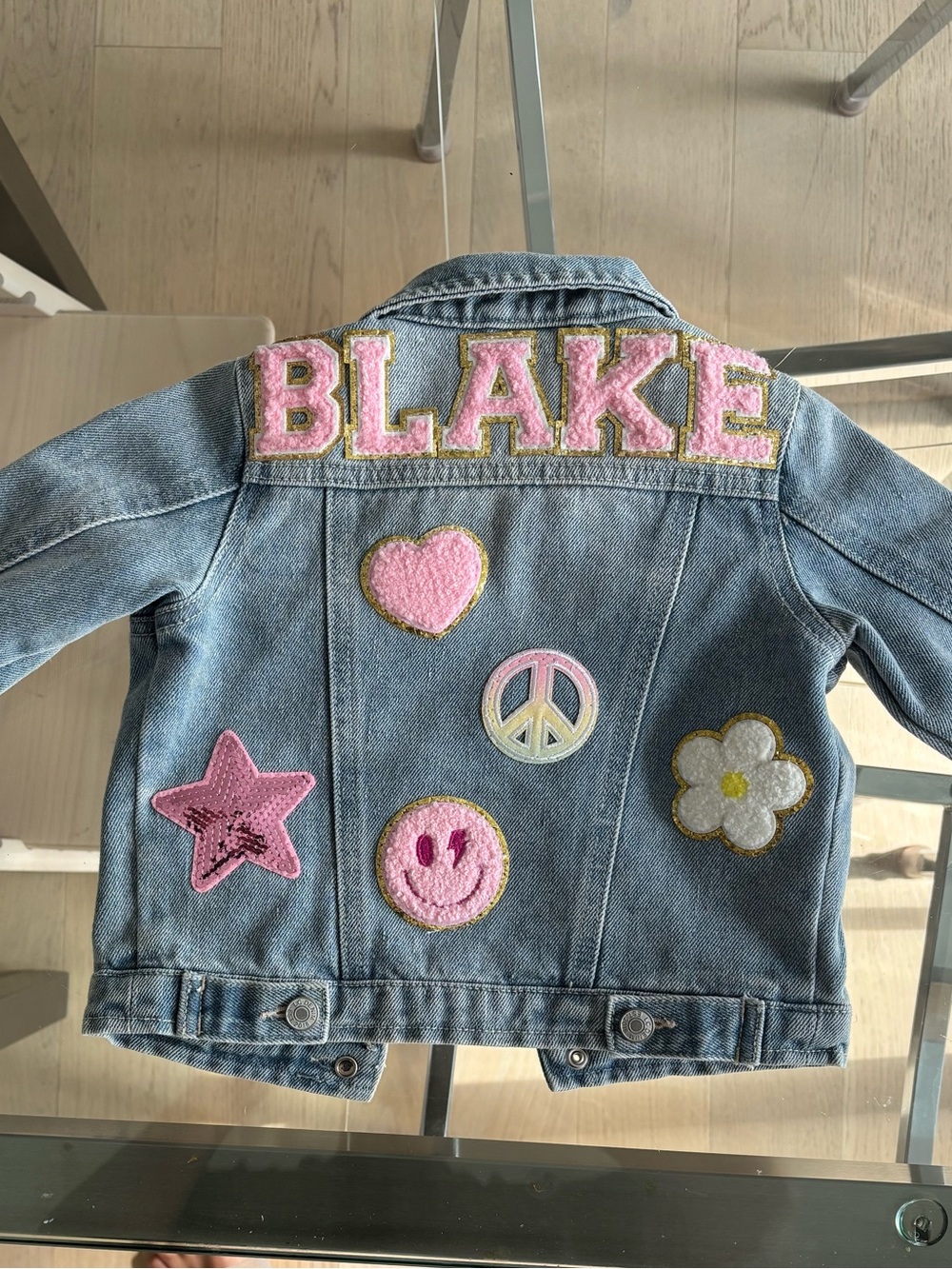 Light Blue Denim Kids Jacket with Pink Name and Patch Accents